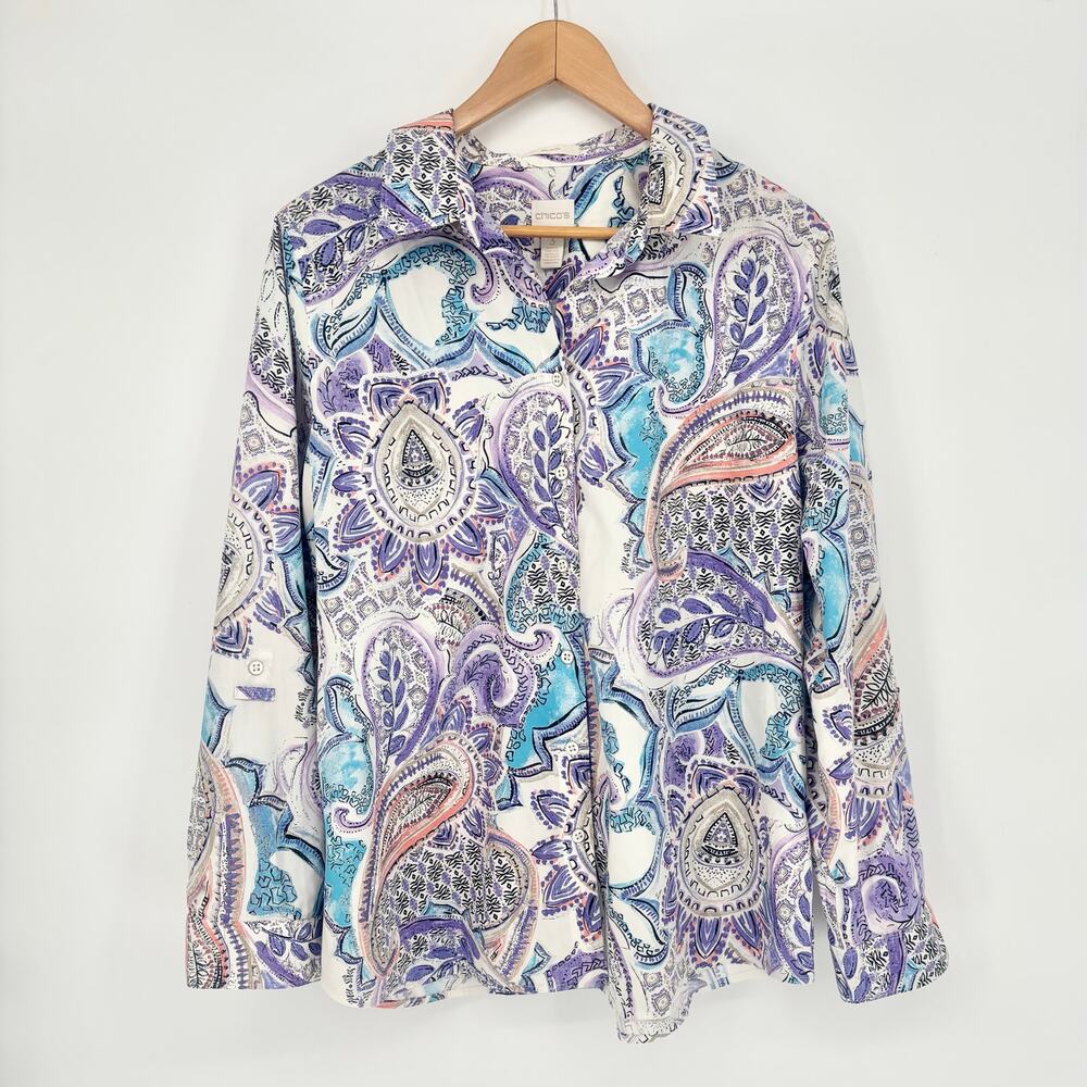 Chico's No Iron Collared Button-Up Blue Purple Paisley Shirt Size XL